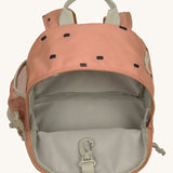 The inside of the Lassig kids mini caramel happy print backpack showing the space inside the main compartment.