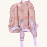 The back of the Lassig kids mini pattern party rose pattern backpackshowing the padded shoulder straps and chest strap detail