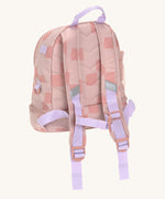 The back of the Lassig kids mini pattern party rose pattern backpackshowing the padded shoulder straps and chest strap detail