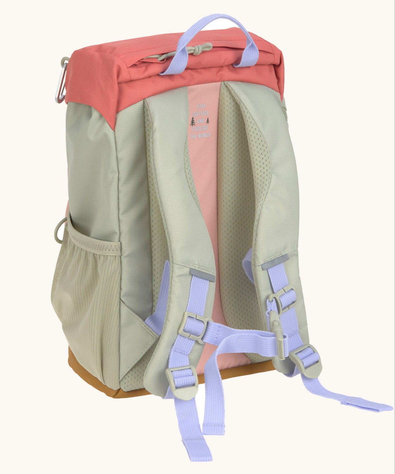 The back of the Lassig kids mini outdoor backpack in sunny explorer pink showing the padded shoulders and mesh side pocket detail.