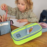 Lassig spacy school pencil case in neon yellow with a funky decorative patche and hanging wooden tag.