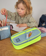 Lassig spacy school pencil case in neon yellow with a funky decorative patche and hanging wooden tag.