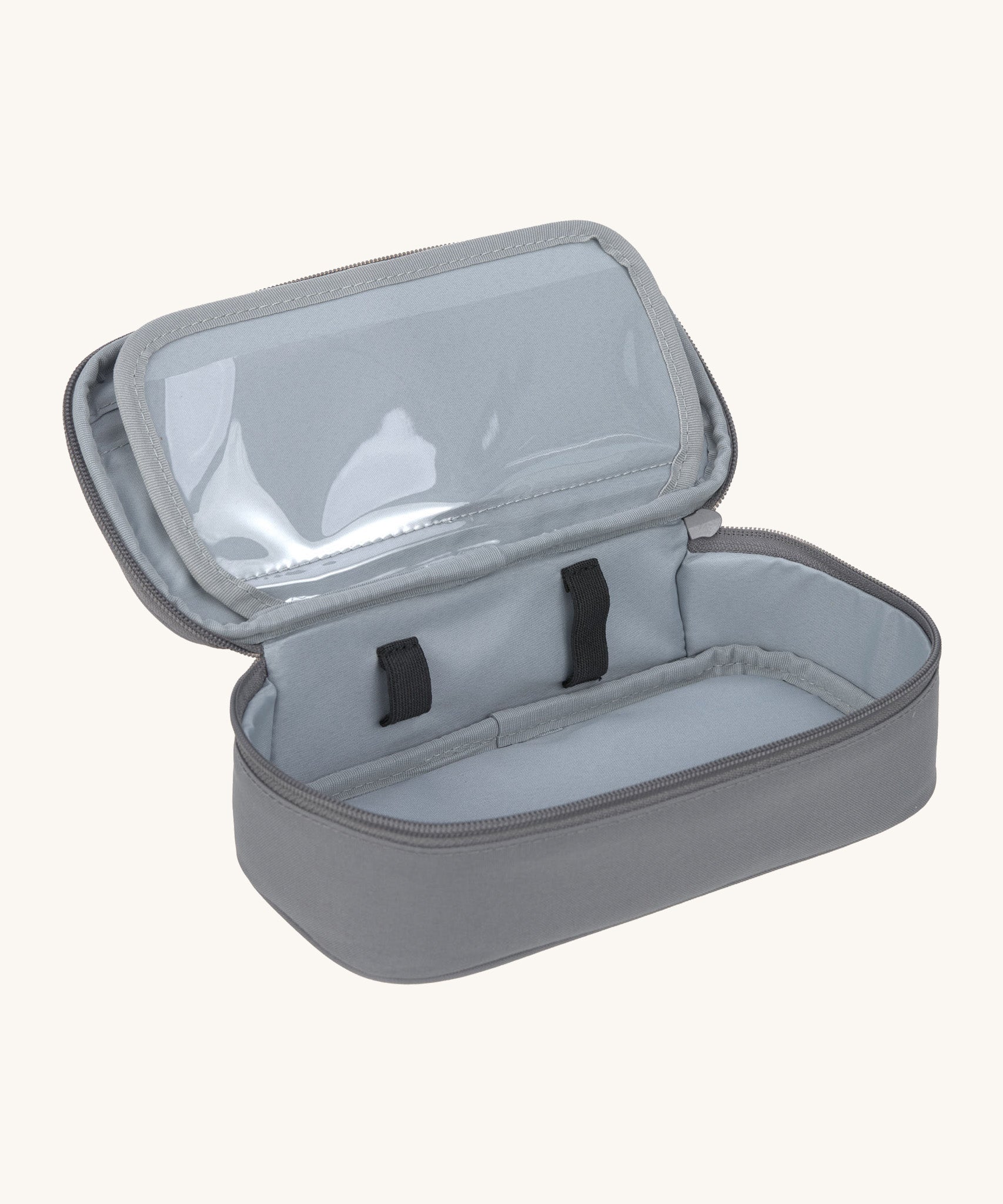 A open Lassig kids spacy school pencil case in bold anthracite showing the spacious main compartment.