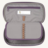 A open Lassig kids spacy school pencil case in purple showing the small elastic loops to hold stationary and a secondary zipped compartment.