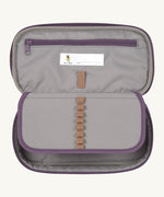 A open Lassig kids spacy school pencil case in purple showing the small elastic loops to hold stationary and a secondary zipped compartment.