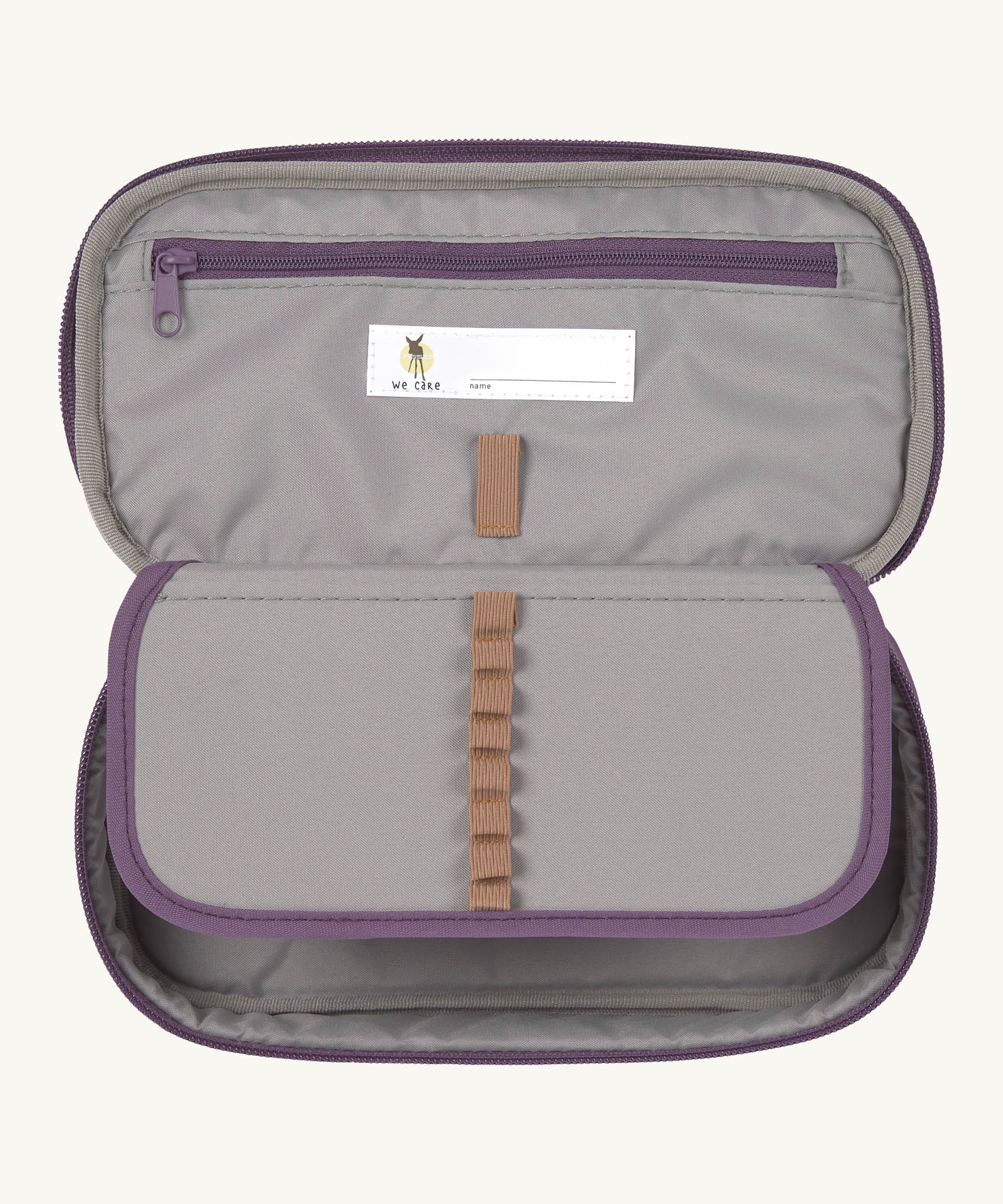 A open Lassig kids spacy school pencil case in purple showing the small elastic loops to hold stationary and a secondary zipped compartment.