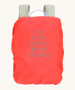 A neon pink backpack cover for the Lassig kids mini outdoor backpack with a slogan saying 'stay outside and explore the world'