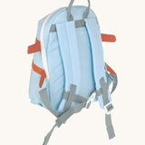 Lassig kids tiny backpack in aeroplane design showing the padded shoulder straps and buckle fastener detail