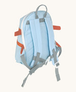 Lassig kids tiny backpack in aeroplane design showing the padded shoulder straps and buckle fastener detail