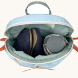 A close up of the Lassig kids tiny aeroplane backpack showing the bottle holder detail and space inside the main compartment of the backpack