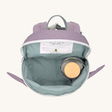 A close up of the Lassig kids tiny bunny backpack showing the bottle holder detail inside the backpack