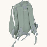 The back of the Lassig kids tiny digger backpack showing the padded shoulder straps and buckle fastener detail
