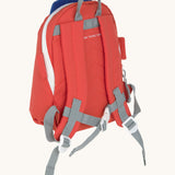 The back of the Lassig kids tiny fire engine backpack showing the padded shoulder straps and buckle fastener detail