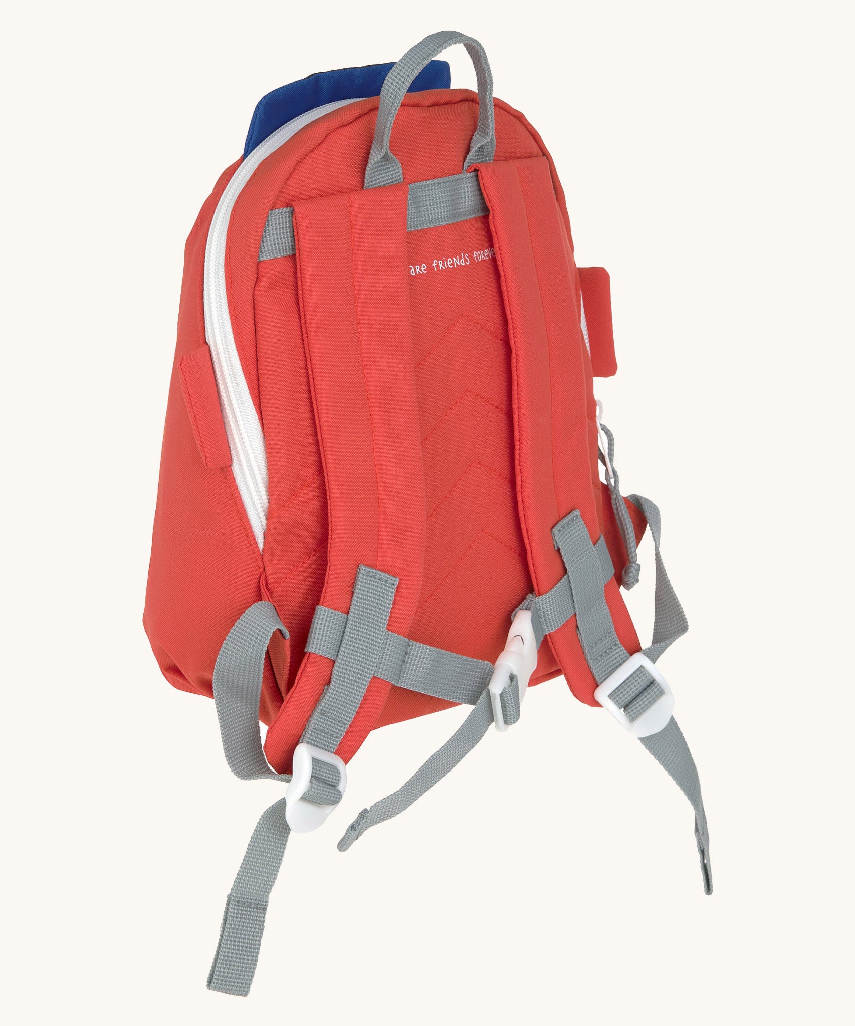 The back of the Lassig kids tiny fire engine backpack showing the padded shoulder straps and buckle fastener detail