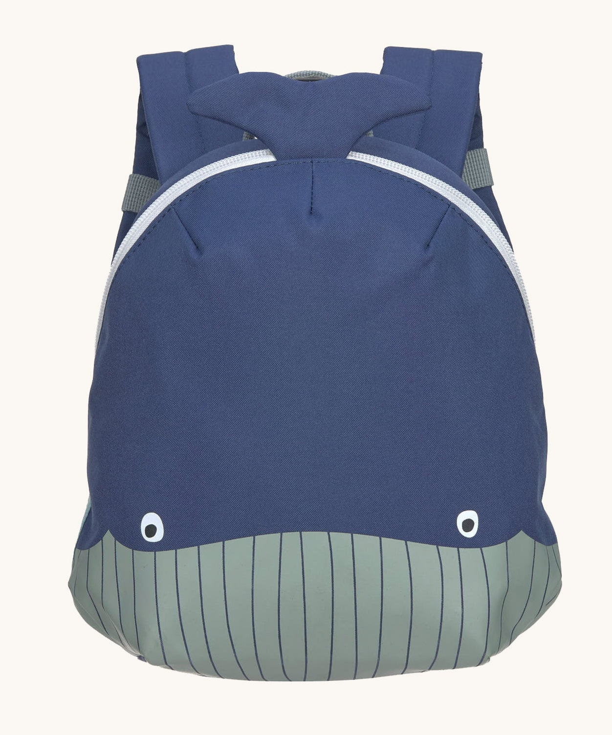 Lassig kids tiny backpack in whale available at Babipur. A dark blue backpack with a cute playful whale design on the front panel.