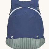 Lassig kids tiny backpack in whale available at Babipur. A dark blue backpack with a cute playful whale design on the front panel.