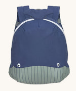 Lassig kids tiny backpack in whale available at Babipur. A dark blue backpack with a cute playful whale design on the front panel.