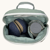 A close up of the Lassig kids tiny digger backpack showing the bottle holder detail and space inside the main compartment of the backpack