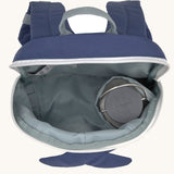 A close up of the Lassig kids tiny backpack in whale showing the bottle holder detail inside the backpack
