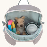 A close up of the Lassig kids tiny koala backpack showing the bottle holder detail and space inside the main compartment of the backpack