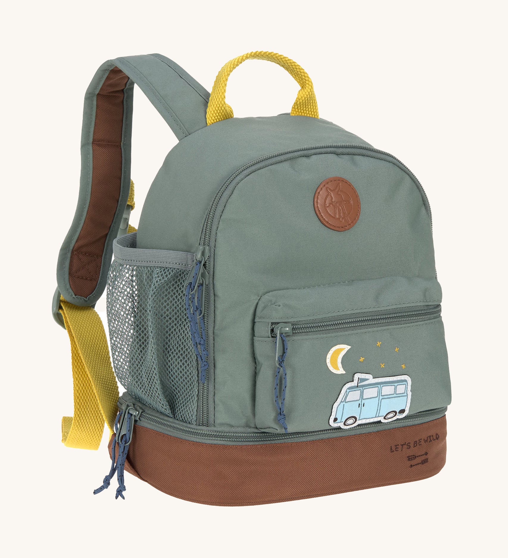The Lassig kids mini adventure backpack in a green colour with a brown base, and a little camper van design on the front zip pocket.