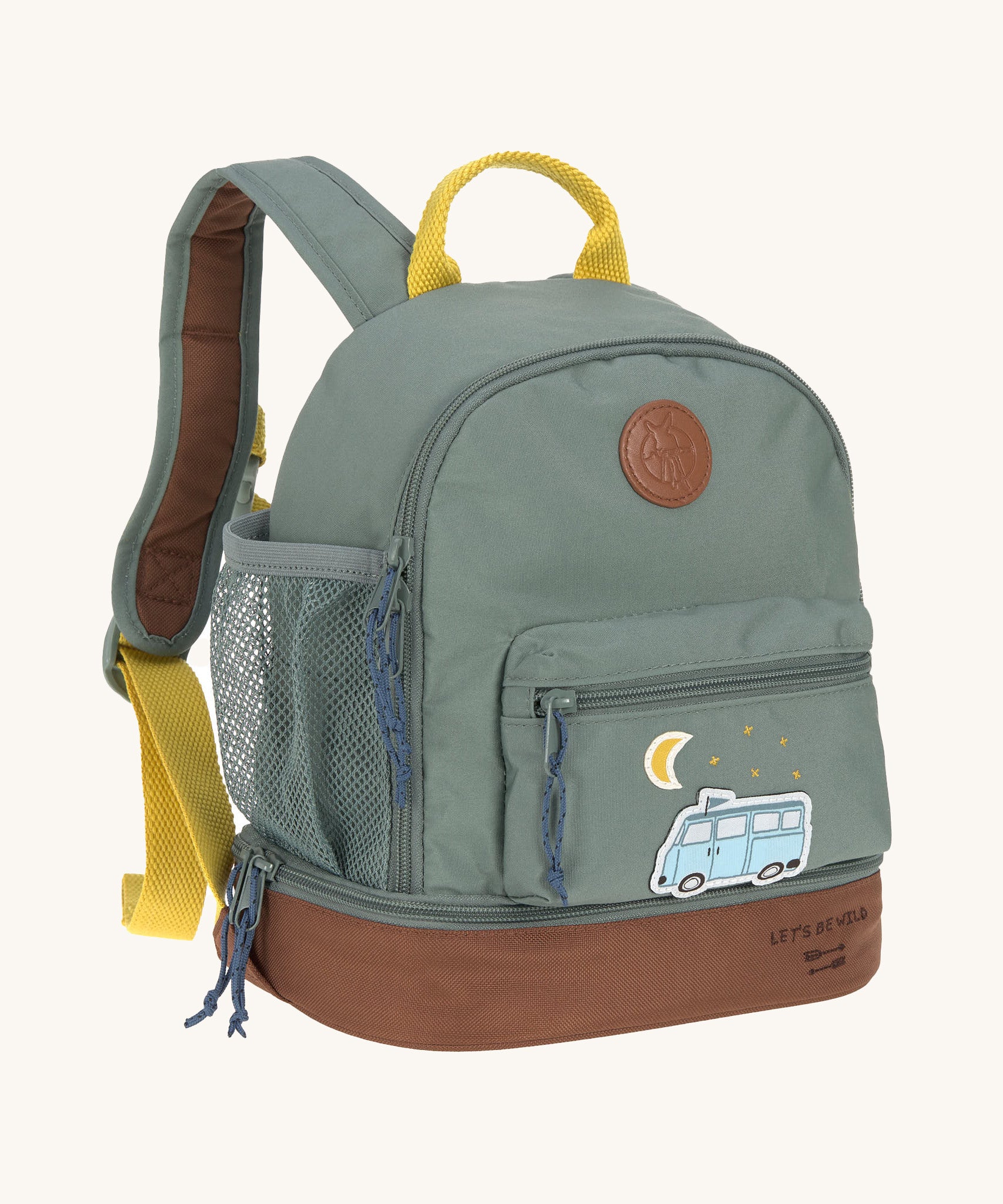 The Lassig kids mini adventure backpack in a green colour with a brown base, and a little camper van design on the front zip pocket.
