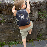 A little boy climbing a wall, wearing the Lassig tiny kids backpack for toddlers and little children, in a dark navy blue.