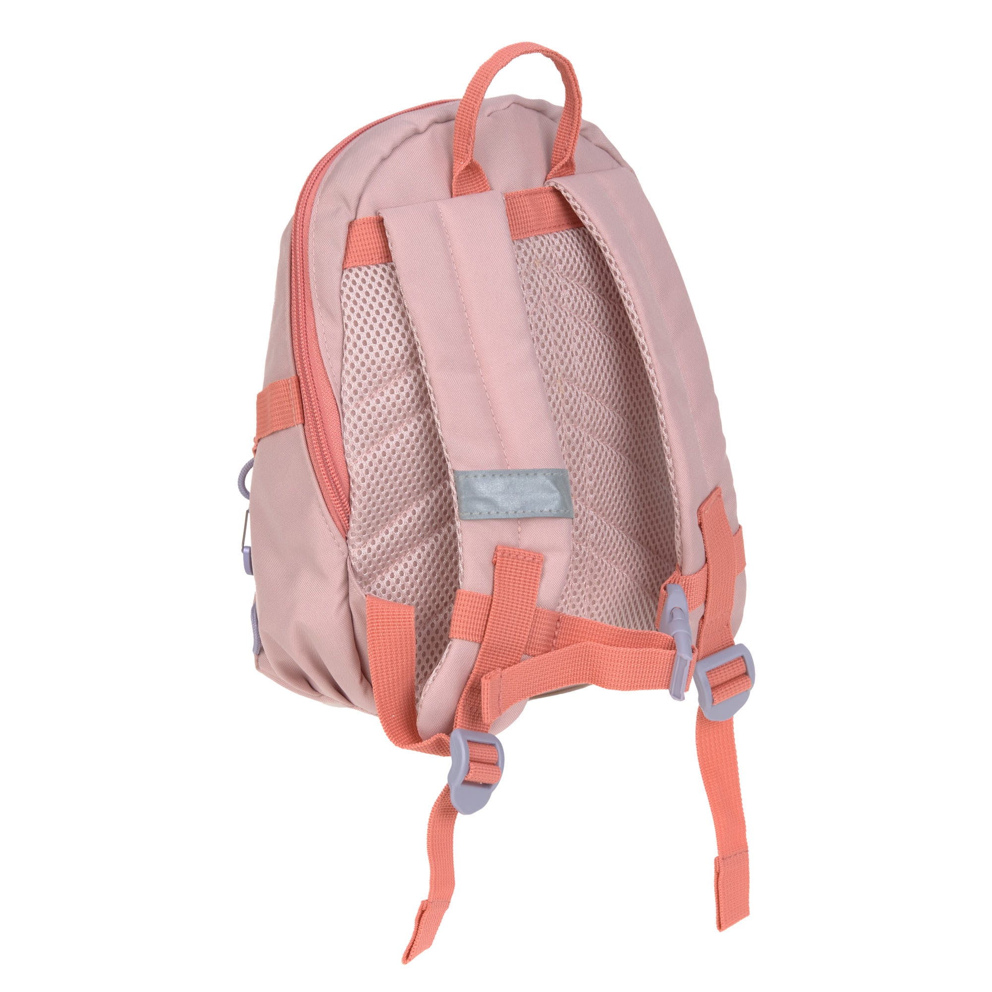 The back of the Lassig tiny backpack for toddlers and little kids, in a light pink.