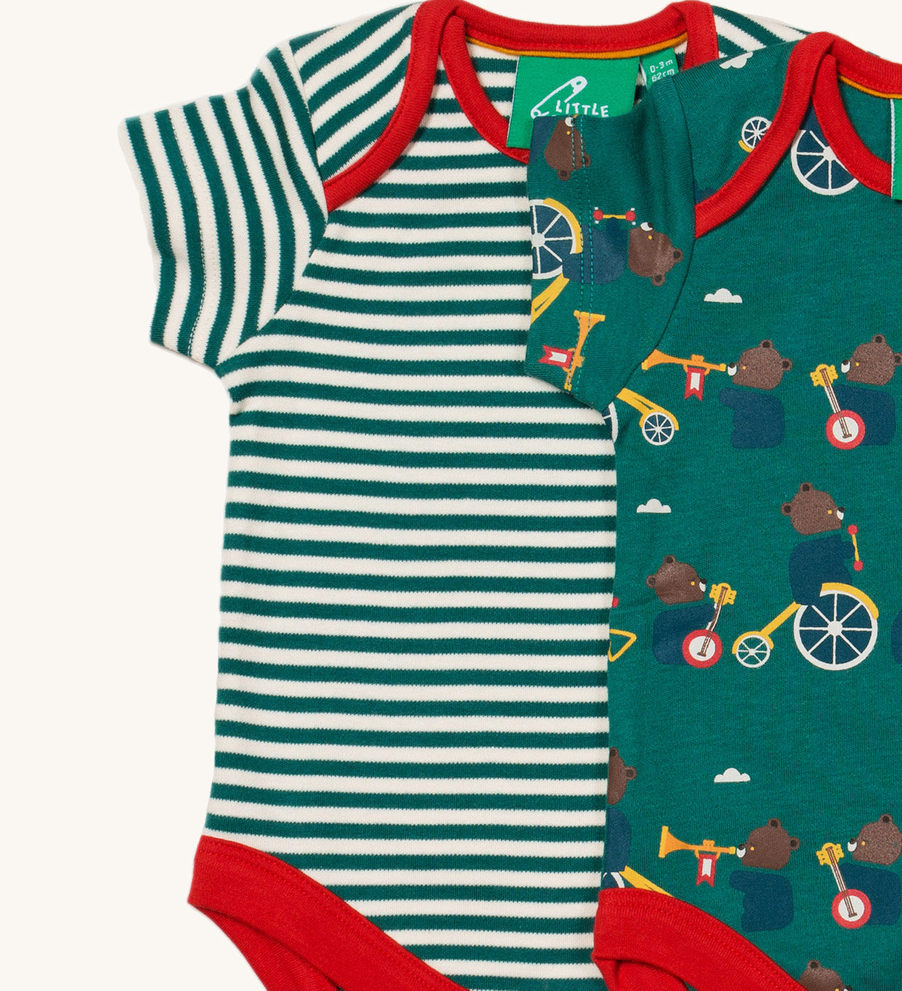 A close up of the A 2 pack of Little Green Radicals The Bear Jamboree Baby Body Set available at Babipur showing the red trim detail on both vests.