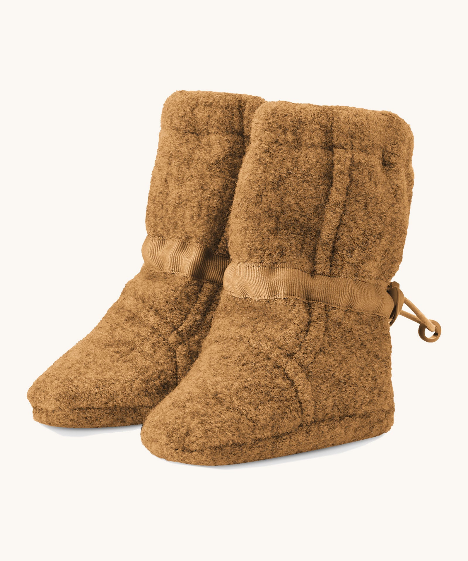 Mamalila Baby Wool Booties - in Camel. Baby booties made from upcycled boiled wool available at Babipur