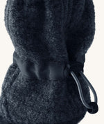 Mamalila Baby Wool Booties - in navy blue. Baby booties made from upcycled boiled wool available at Babipur. Photo shows elastic pull string ankle fastening