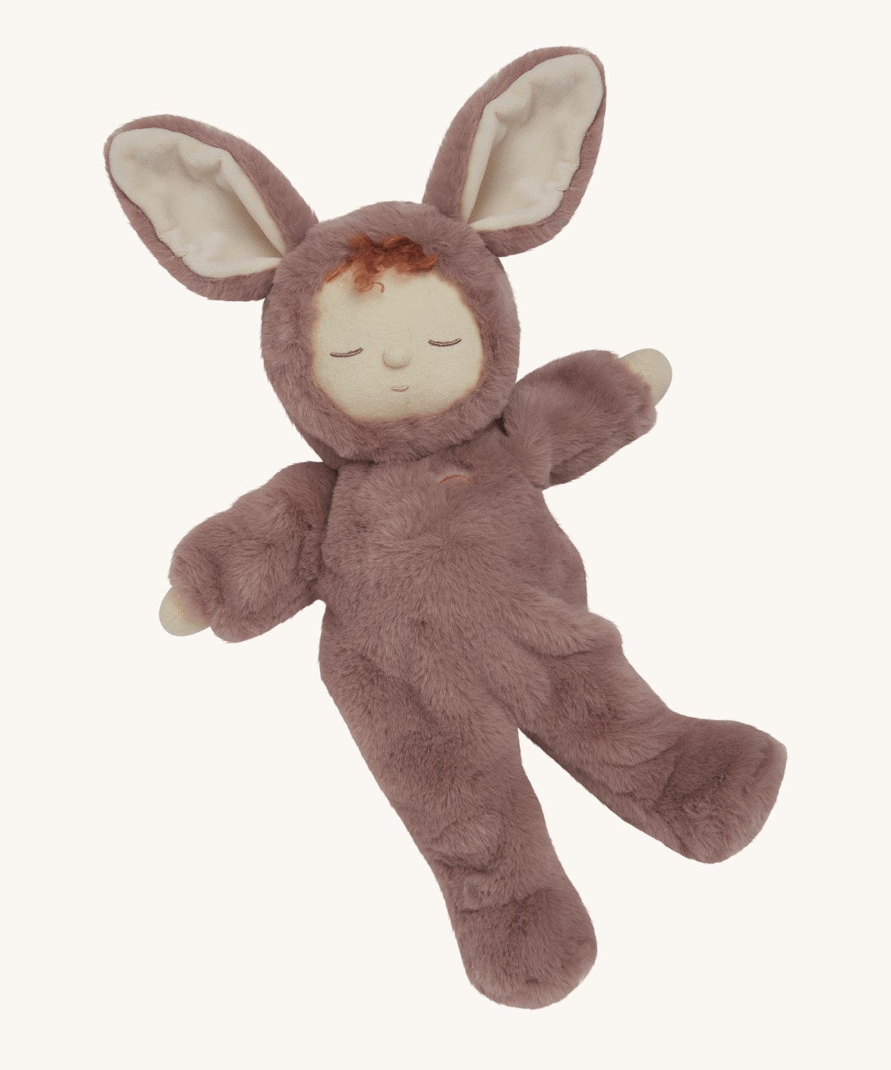 Olli Ella cozy dinkum bunny pickle doll in mauve colour posing. This is a soft and fluffy doll with a sleeping face, cute floppy ears and available at Babipur.
