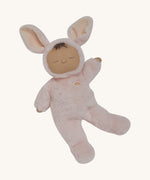 Olli Ella cozy dinkum bunny pip doll in pink colour posing. This is a soft and fluffy doll with a sleeping face, cute floppy ears and available at Babipur.