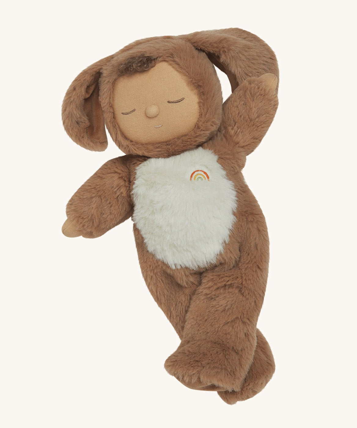 A posing Olli Ella cozy dinkum dog Digby doll. This fluffy toy doll has a sleeping face, cute floppy ears and available at Babipur.