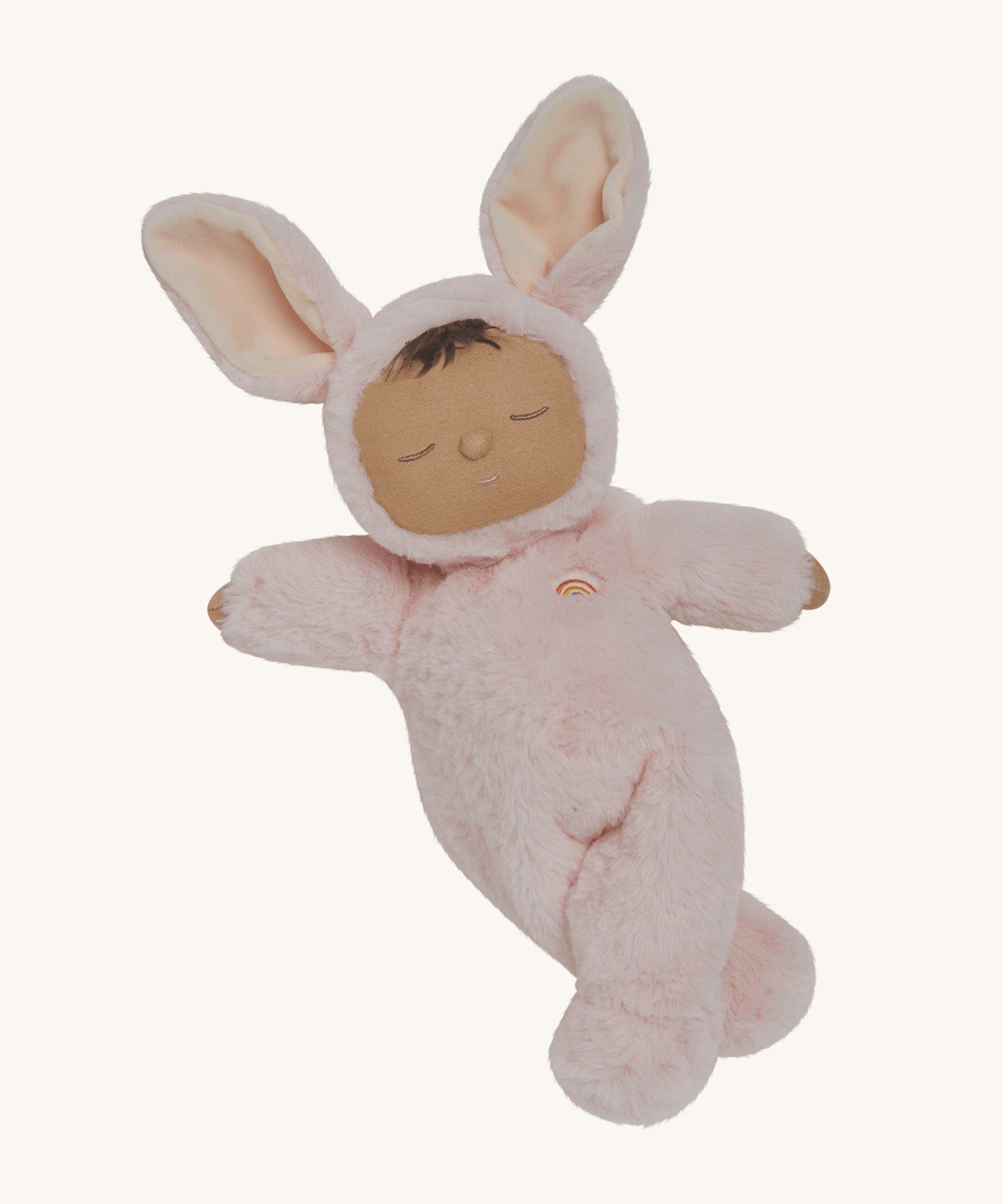 Olli Ella cozy dinkum bunny pip doll in pink colour posing. This fluffy toy doll has a sleeping face, cute floppy ears and available at Babipur.
