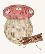 An Olli Ella Porcini mushroom shaped Basket with a pink spotted lid, and wooden twig colouring pencils wrapped together with string next to it pictured on a cream background