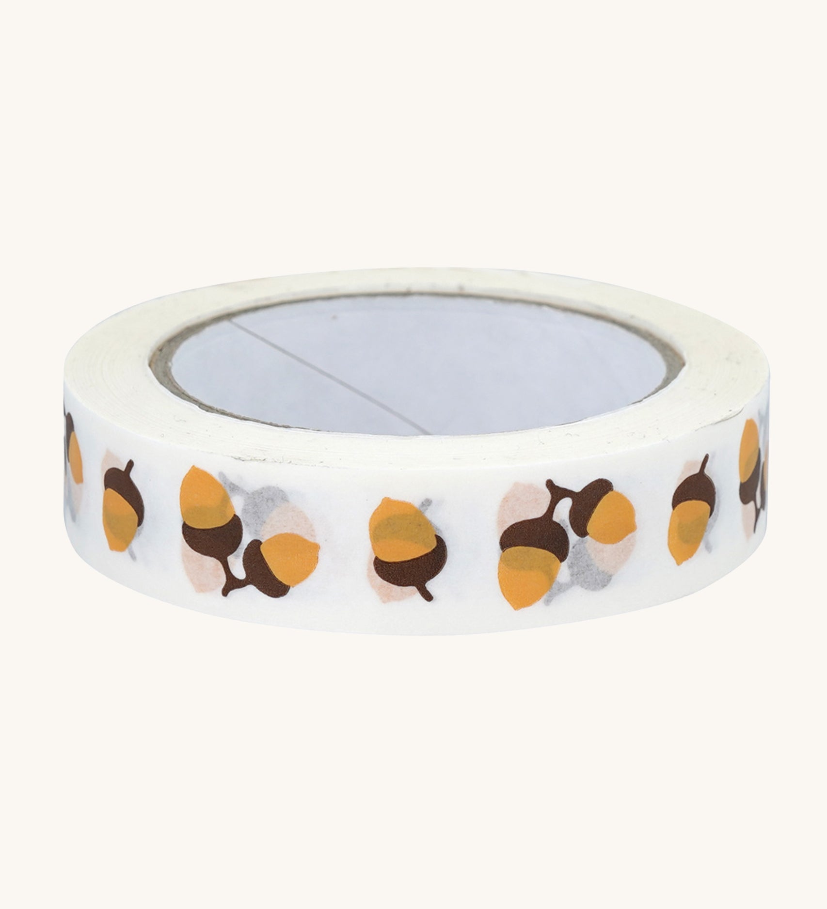 Babipur Acorn Eco Paper Tape in white, with a repeat acorn print. On a cream backgorund