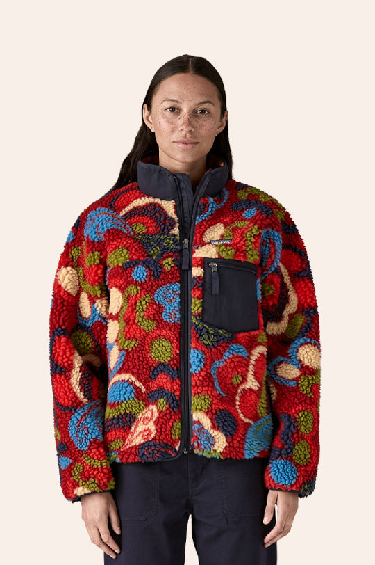 Woman wearing Patagonia Women's Classic Retro-X Jacket - River River / Amanita Red to represent new Patagonia adults AW25 at Babipur.