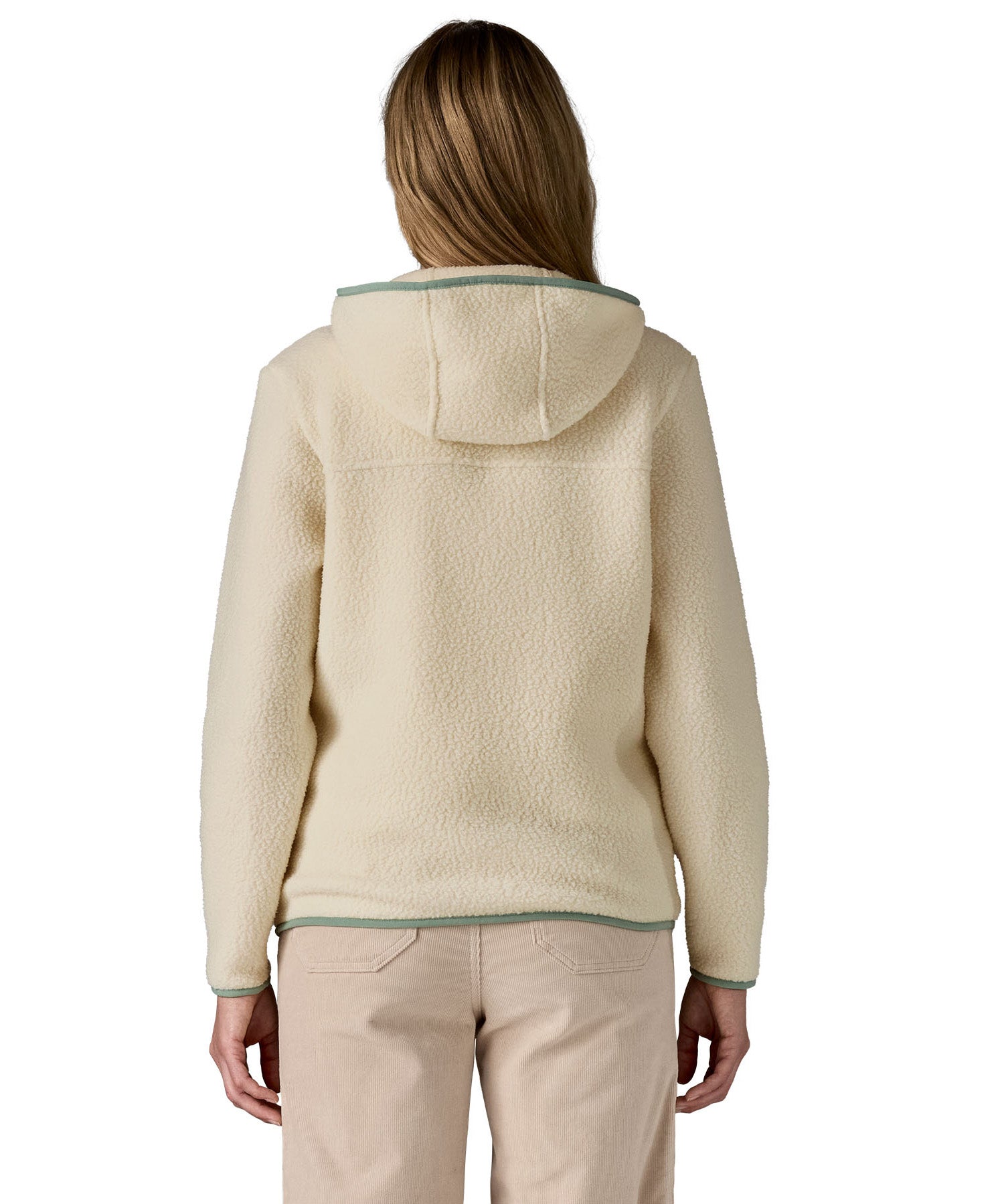The back of the Patagonia Retro Pile Hoody in natural/ellwood green available at Babipur