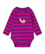 A long sleeve pink and purple stripe body suit, with a snail applique on the front