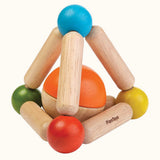 The PlanToys Wooden Triangle Clutching Toy, is a fun and interactive toy for babies and little ones. This sensory toy from PlanToys is made up of a flexible pyramid made up from wooden lengths and painted beads in the colour blue, red, green and yellow, with a chunky ball inside, which can be removed to be played with separately. The image is on a cream background