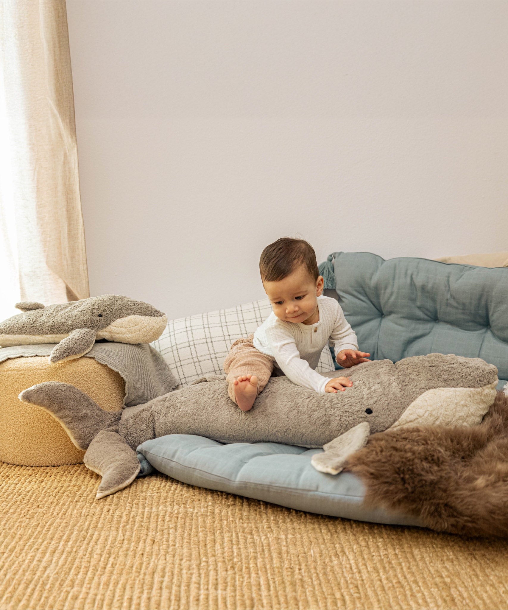 A child sitting on top the Senger giant grey soft and cuddly whale toy next to a large whale for scale. This soft toy is available at Babipur.