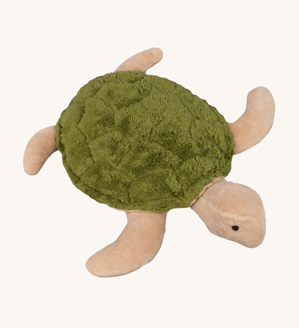 Senger Small Cuddly Turtle - Green is a soft and squishy turtle teddy with a light tan/beige body and a mossy green shell. The image is on a cream background