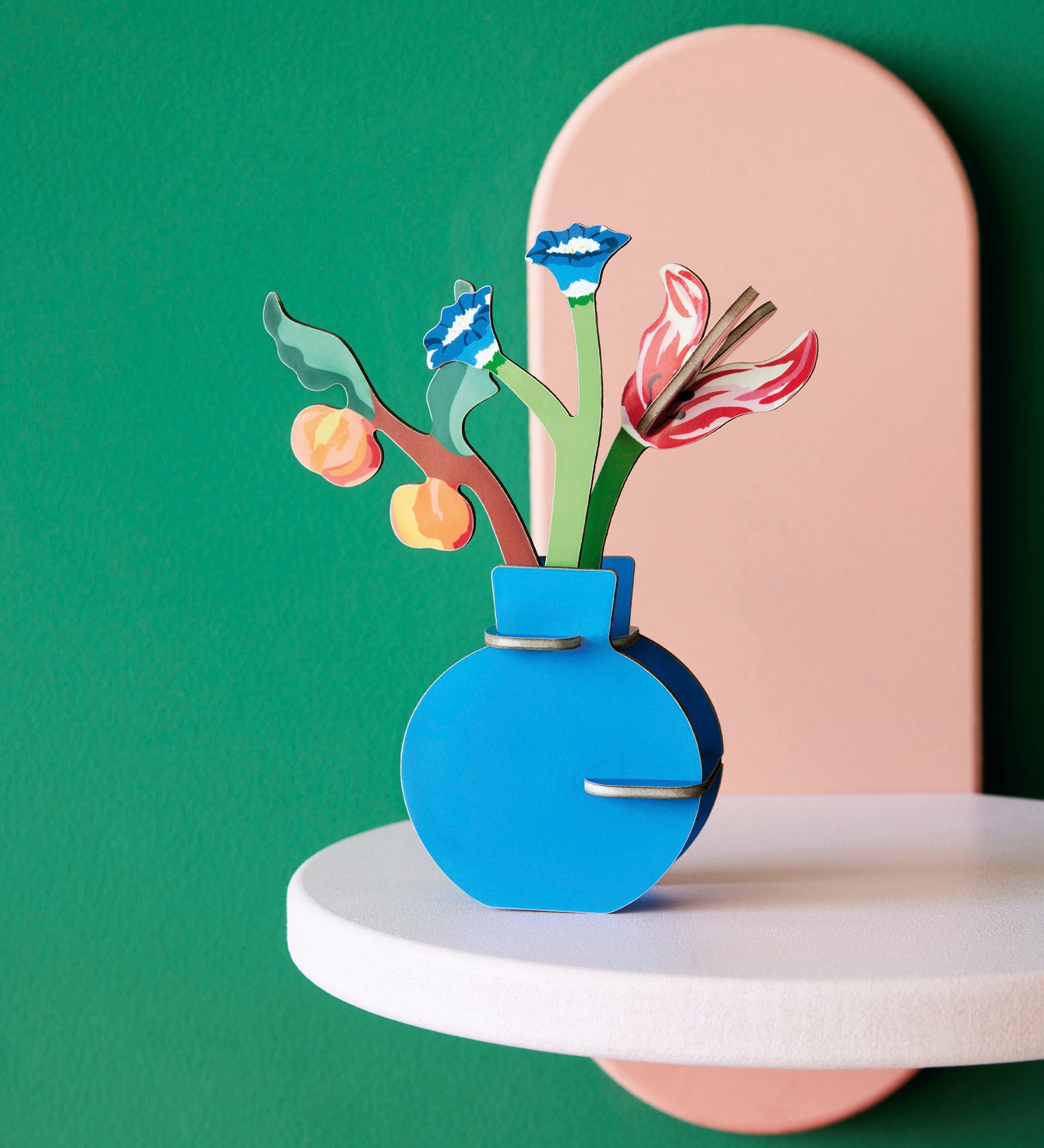 Studio Roof Dutch Masters inspired bouquet 3D pop out card decoration available at Babipur displayed on a white table against a green wall