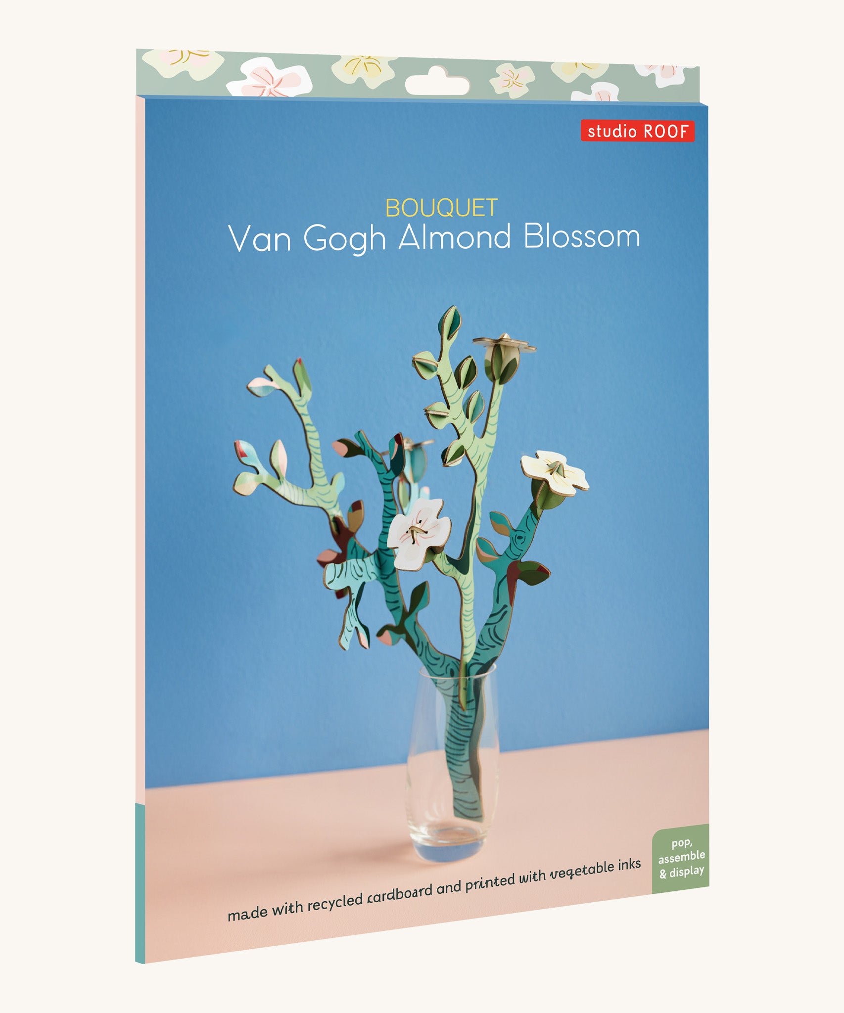 The cardboard packaging for the Studio roof small Van Gough inspired bouquet with almond blossom decoration available at Babipur