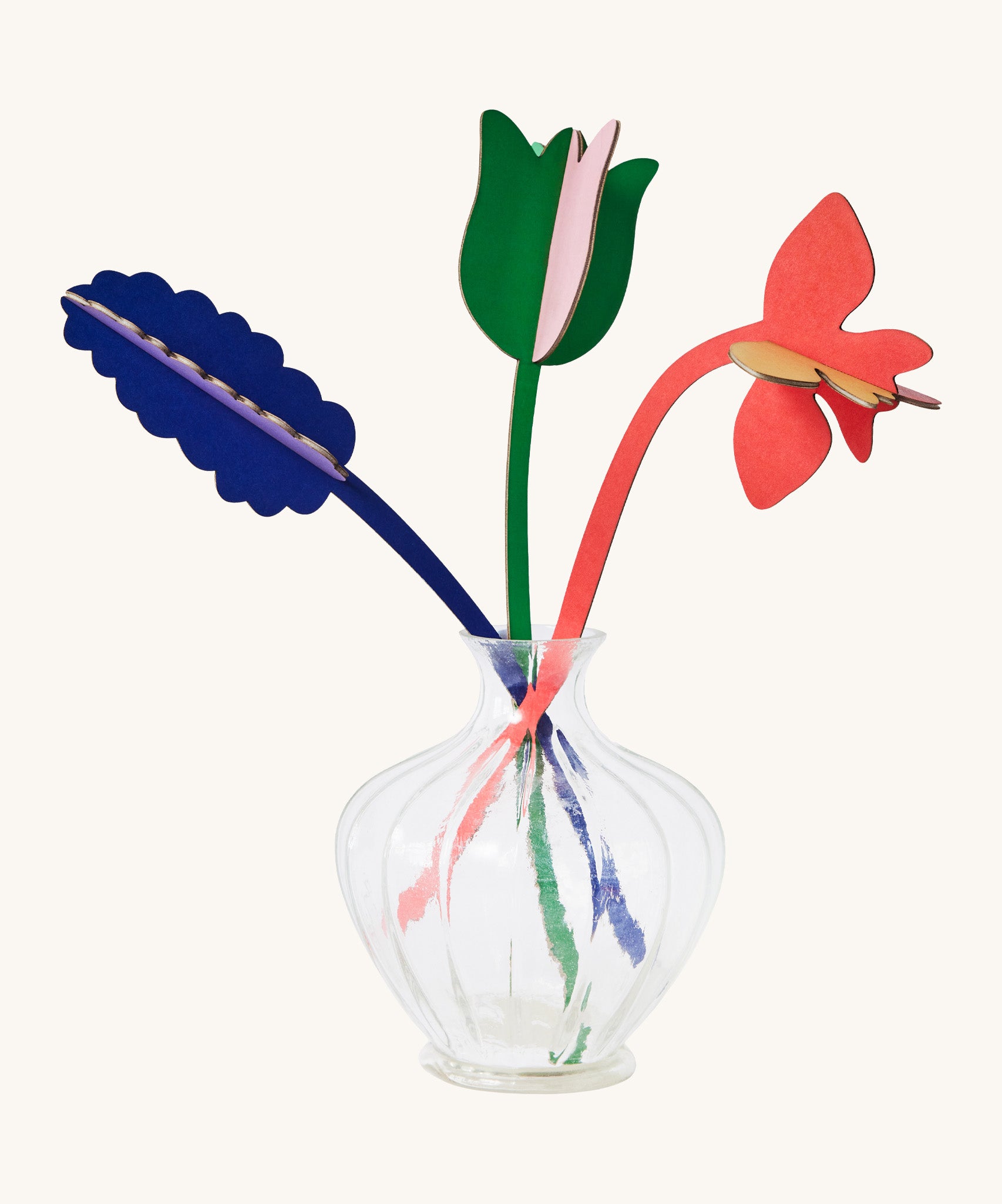 Studio Roof cardboard bouquet in Spring time surprise colour way available at Babipur. A DIY kit made from cardboard in a shape of different coloured flowers displayed in a glass vase