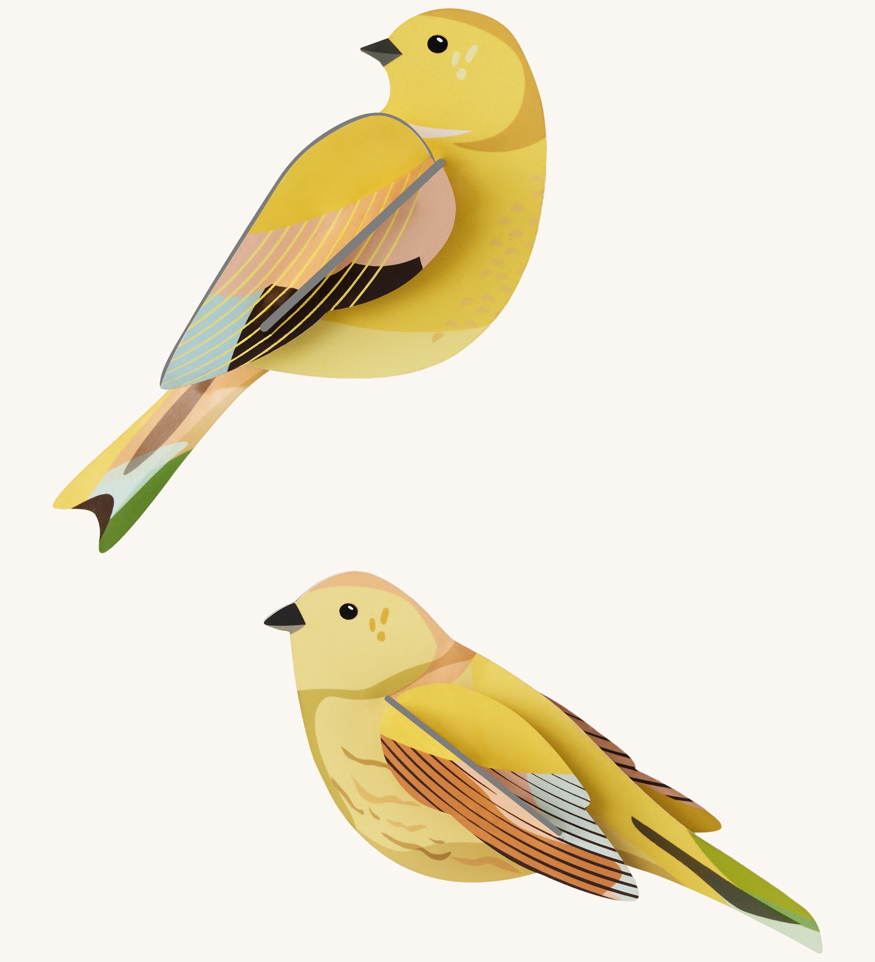 Studio Roof citrinella pair wall decorations available at Babipur. Features a thick cardboard DIY kit of a pair of citrinella birds to hang on a wall