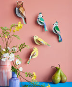 A group of Studio Roof garden birds hanging decorations on a wall available at Babipur including the brown tawny owl