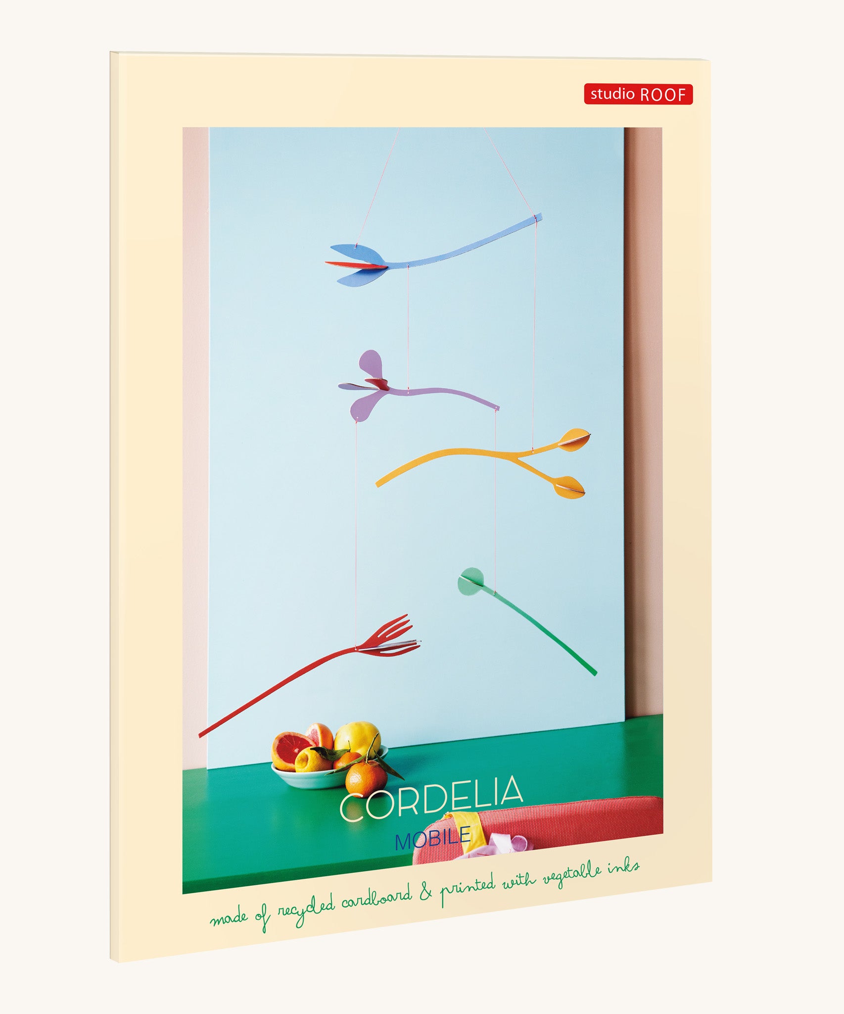 The pastel coloured packaging presenting the A Studio Roof cardboard Cordelia floral art mobile set available at Babipur.