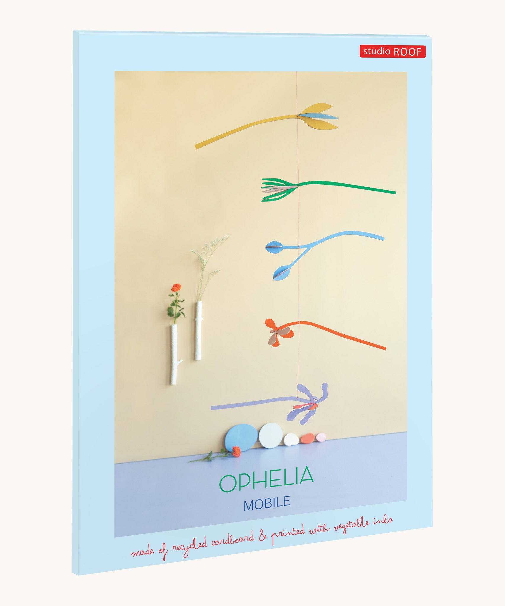 The pastel coloured packaging presenting the A Studio Roof cardboard Ophelia floral art mobile set available at Babipur.